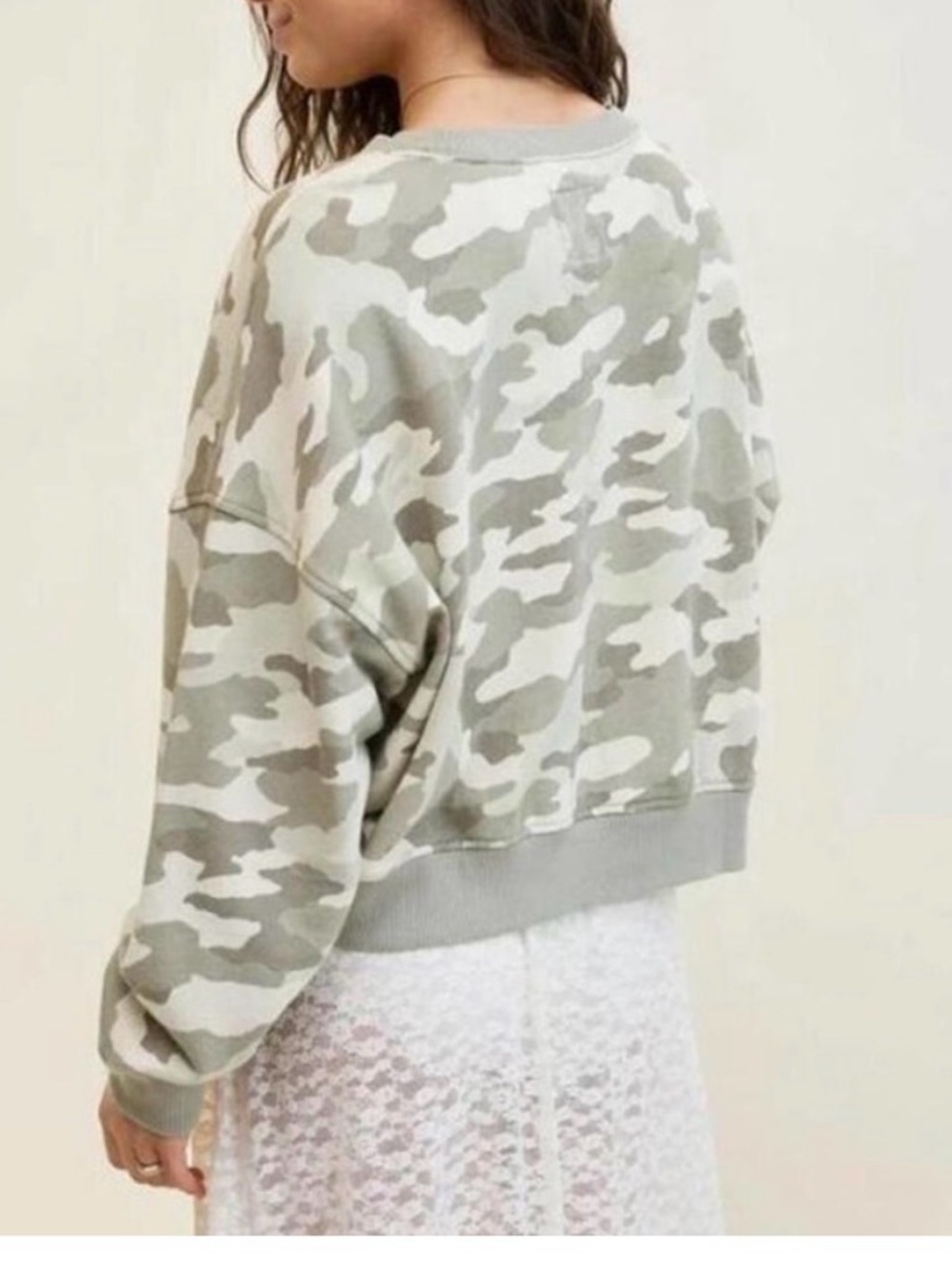 aerie Neutral Green Camo Crewneck Sweatshirt - Picture 2 of 7